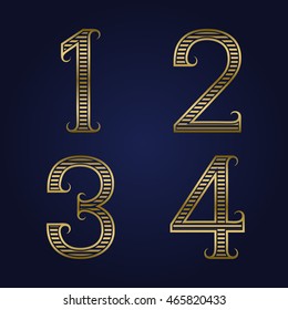 One, two, three, four golden ribbed numbers with flourishes. Horizontal stripes vintage font.