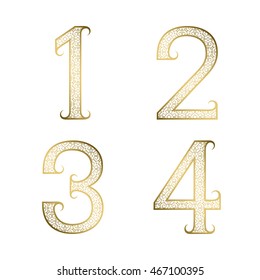 One, two, three, four golden ornamental numbers with flourishes. Decorative patterned vintage font.