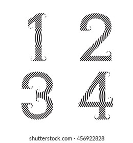 One, two, three, four striped numbers with flourishes. Font of Zebra pattern.