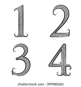 One, two, three, four vintage patterned numbers. Font in floral baroque style.
