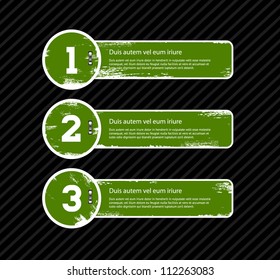 One two three grungy vintage vector labels / banners / stickers / tags with worn out paint texture, over black striped background, green