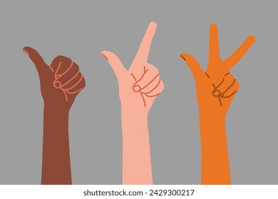 One two three hand gestures. Flat vector set.