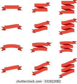 One, two and three part of red ribbon banners set on transparent white background.