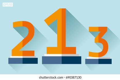One, two and three place icon in flat style. Reward on the podium. Blue background. Vector design element for you project