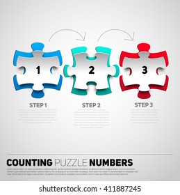 One two three puzzle papercut, progress icons for three steps