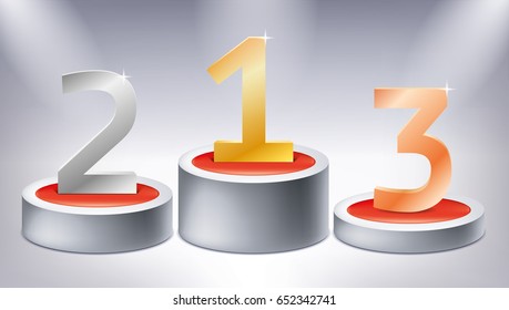 One, two, three. Rewards on the illuminated podiums, award pedestals, geometry shape, vector design for you project