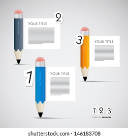 One, two, three, vector paper progress steps for tutorial with pencils, infographics