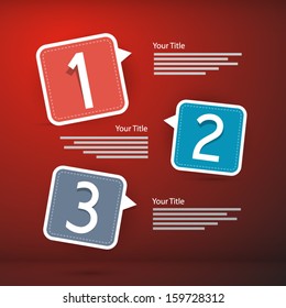 One, two, three, vector paper progress steps for tutorial on red background, infographics 