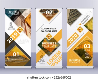 One, two, three white roll up business banners. Vertical orange template vector Abstract background.
