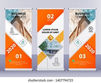 One, two, three white roll up business banners. Vertical orange template vector Abstract background.