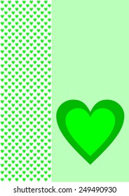 One two-layered green heart on pastel green with many small green hearts on the left side