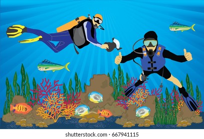 one underwater photographer and one scuba diver and coral reef with fish on a blue sea. Vector illustration