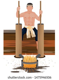 one undressed man work with ancient wooden pump