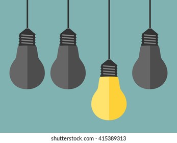 One unique bright glowing yellow light bulb among dull gray ones. Single shining lightbulb. Creativity, innovation, inspiration and success concept. EPS 8 vector illustration, no transparency