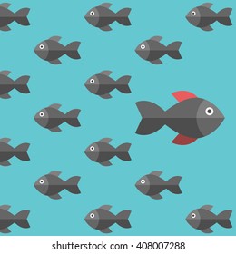 One unique different fish swimming opposite way. Businessman, risk, courage, confidence, success, crowd and creativity concept. EPS 8 vector illustration, no transparency