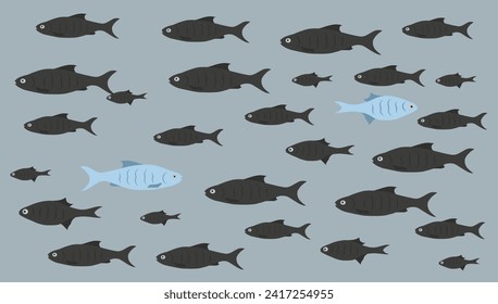 One unique fish swims opposite from identical blacks. Concept of courage, confidence, success, crowd and creativity. EPS 10.