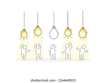 One Unique Person In Group Of People In Light Rays Of Hanging Bulbs. Vector Hand Drawn Illustration Of Happy Characters In Light Beams And Alone Human Standing Under Lamp Turned Off