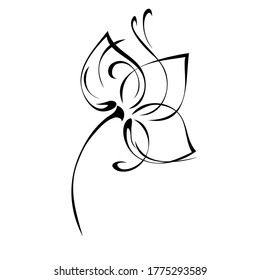 one unique stylized blooming flower on a short stalk without leaves in black lines on a white background