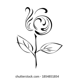 one unique stylized flower on a stalk with two leaves in black lines on a white background
