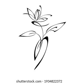 one unique stylized flower on a stalk with two leaves in black lines on a white background