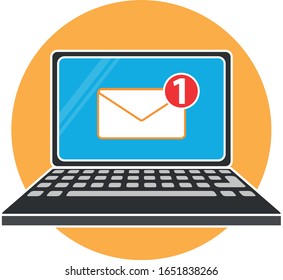 one unread email message in laptop. concept of  email in postal box. message icon, notification, laptop computer. 
