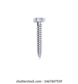 One Upright Metal Threaded Screw With Hexagon Head In Realistic Style, Vector Illustration Isolated On White Background. Single Vertical Stainless Steel Construction Self-tapping Or Bolt Fastener