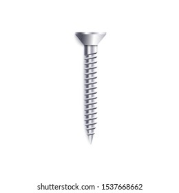 One Upright Metal Threaded Screw With Flat Head In Realistic Style, Vector Illustration Isolated On White Background. Single Vertical Stainless Steel Construction Self-tapping Fastener