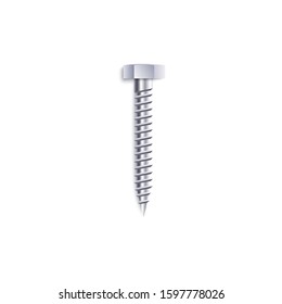One upright metal threaded screw with hexagon head in realistic style, vector illustration isolated on white background. Single vertical stainless steel construction self-tapping or bolt fastener