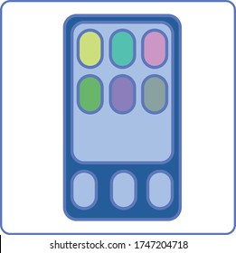 One vector blue calculator with multi-colored buttons on a white background. one isolated object. Symbol of study, work, logo design, icon design.
