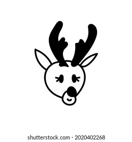 One vector Christmas doodle with a portrait of a reindeer. Holiday simple illustration with black line on white background. Design for cards, packages, social media, web, stickers, logos