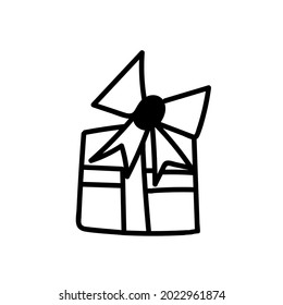 One vector Christmas doodle with a present.Holiday simple illustration with black line on white background.Designs for cards, packages,social media,web,stickers, logos