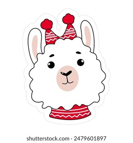 el lama blanco encantador de un Vector en la bufanda roja del invierno y el sombrero para las ilustraciones de navidad para las pegatinas de navidad, tarjetas, postes, patrones, estampados
