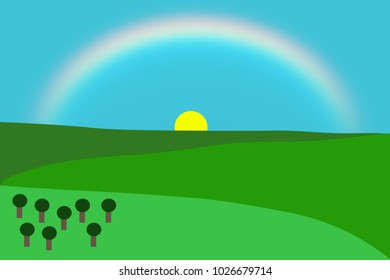One Vector of a mountainous landscape with trees, sun and rainbow