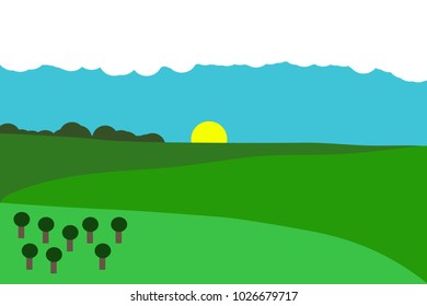 One Vector of a mountainous landscape with trees, sun and clouds