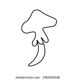 One vector mushroom for halloween. Simple illustration of black line elements hand drawn in doodle style on white isolated background. Design for cards, web, social media, packaging.