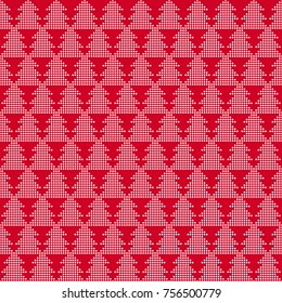 One vector seamless symmetric Merry Christmas pattern to a set for backdrop, wrapping paper, greeting card or wallpaper with repeating Christmas trees made of white points on red background