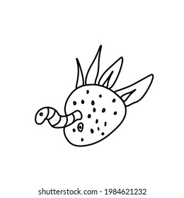 One vector wormy strawberry for halloween.Simple illustration of black line elements hand drawn in doodle style on white isolated background.Design for greeting cards, web, social media, packages.
