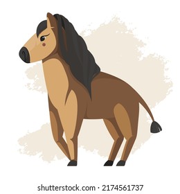 One vector young beautiful horse on abstract paint spot background.  Cute cartoon character. Flat element for compositions design. Village pet. Funny pony with big head, thick black mane, small hooves