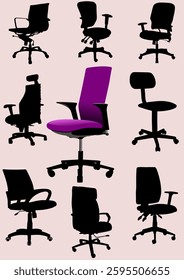 One vibrant purple office chair stands out among multiple black silhouettes of similar chairs, emphasizing individuality and unique style in a professional setting. Hand drawn Illustration