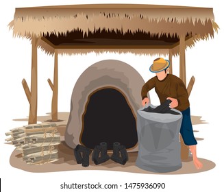 one villager cartoon shape work with Charcoal furnace vector design