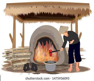 one villager cartoon shape work with Charcoal furnace vector design