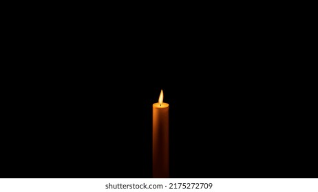 One wax candle in center on black background with copy space. Lonely symbol of grief and memory for the dead. Horizontal vector illustration.