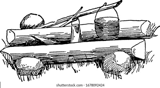 One way to build a campfire, an open-air fire in a camp, used for cooking and as a focal point for friends to gather and have great time, vintage line drawing or engraving illustration.