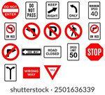 One Way Do Not No Pedestrian Crossing Pass Set Turn on Red Keep Left Right Speed Limit 50 No Parking Sign Road Traffic Regulatory Signage Vector EPS PNG Transparent No Background Clip Art 