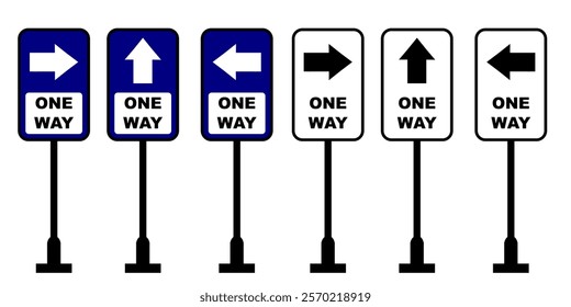 One way road sign with blue and white background various style for education purpose clip art. Roadsign for kids in school learning vector illustration. Traffic symbol for guidance book