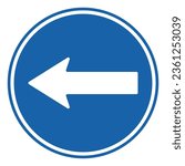 One way sign to the left, traffic signs, Circle sign with blue background, white arrows, blue border.