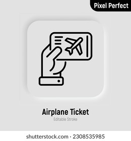 One way ticket on airplane in hand thin line icon. Editable stroke. Modern vector illustration.