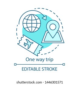One way trip concept icon. Trip, vacation, tourism idea thin line illustration. Single ticket. Departure and destination point. Flight ticket booking. Vector isolated outline drawing. Editable stroke