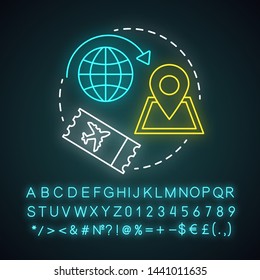 One way trip neon light icon. Trip, vacation, tourism. Single ticket. Departure and destination points. Boarding pass. Glowing sign with alphabet, numbers and symbols. Vector isolated illustration
