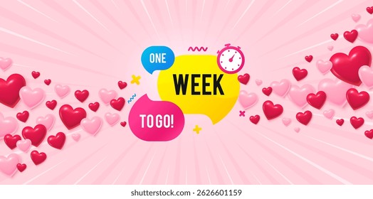 One week love banner with 3d hearts. Sunburst flare background. One week offer bubble banner. Discount sticker shape. Special offer icon. Valentines day greeting card. Vector
